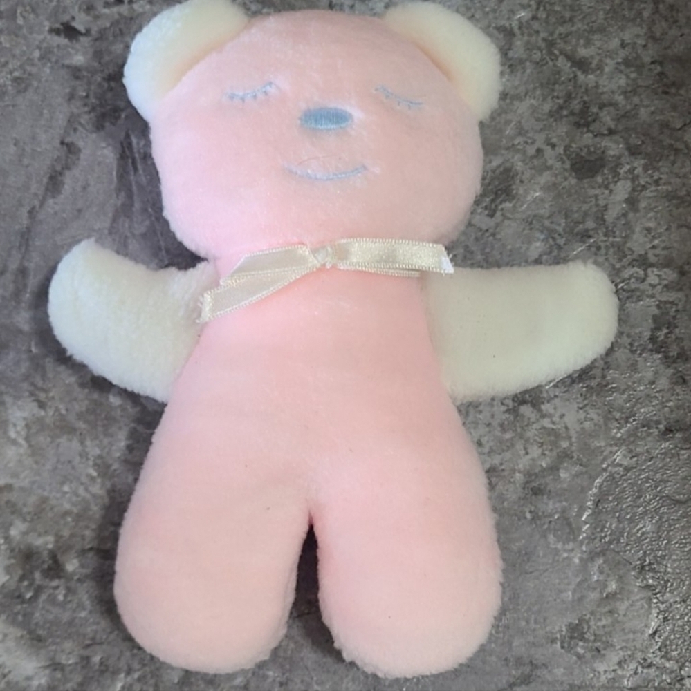 Vintage Stahlwood Plush Stuffed Pink White Sleeping Teddy Bear 7" Rattle Inside